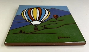 Vtg 1984 Earthtones Leone Kuhne “Hot Air Balloons” 4”x4” Ceramic Painted Tile - Picture 1 of 5