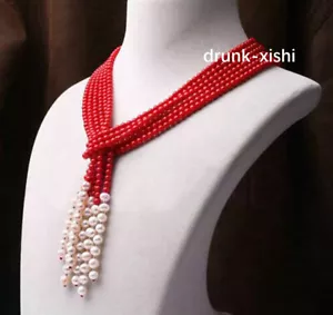 Hermoso Collar Bufanda Perla Akoya Blanco Redondo de 3 Hebras 4mm Coral Rojo 6-7mm - Imagen 1 de 5