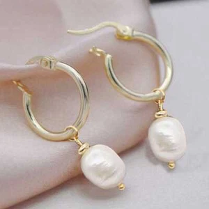 Pendientes de perlas de agua dulce barrocas blancas naturales de 9-10 mm con cuentas de cristal de oficina - Imagen 1 de 9