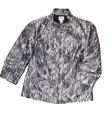 Chaqueta Blazer CHICOS Talla 1 Mediana Púrpura Plateada Metálica Manga 3/4 Bolsillos Cremallera Foto 1 de 4