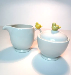 VTG CORDON BLEU  White Porcelain Creamer & Sugar Bowl w/Yellow Bird On Handle - Picture 1 of 6