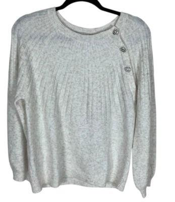 Women's Loft Heathered Ivory Long Sleeve Rhinestone Button Sweater Size L - Image 1 of 4