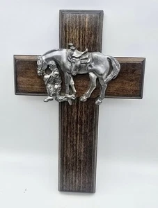 Heavy Solid Wood & Pewter Cowboy Kneeling w Horse Wall Cross 12" Christian - Picture 1 of 7