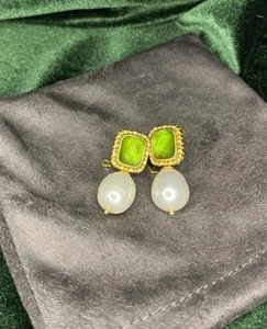 Julie Vos Marbella Pearl Drop Earrings with Green Stones NWOT 24K Gold Plated - Picture 1 of 4