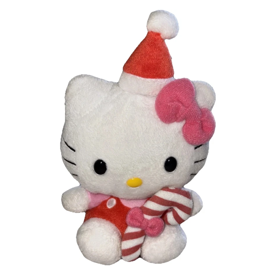 TY Sanrio Hello Kitty Gorro Bebé 5.5 pulgadas Bastón de Caramelo Santa Sombrero Usado TY Foto 1 de 1
