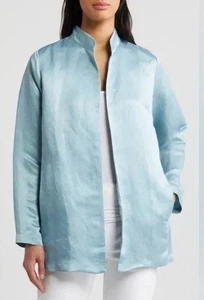 Eileen Fisher Sea Foam Blue Stand Up Collar Linen Silk Blend Long Jacket XL - Picture 1 of 20
