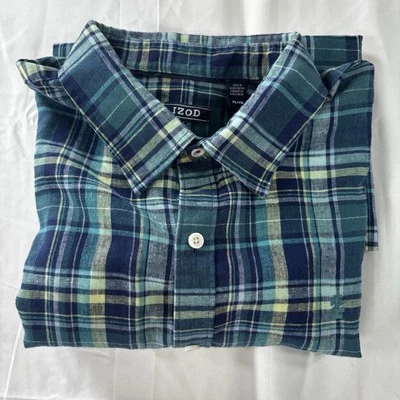 Camisa Izod para hombre talla XL mezcla de lino manga corta cuello azul a cuadros Foto 1 de 4