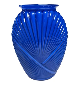 Vintage Cobalt Blue Glass Vase 9.5” Art Deco Ribbed Drape Anchor Hocking Style - Picture 1 of 8