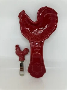 Pier 1 Imports Red Ceramic Rooster Spoon Rest & Spreader Set Kitchen Decor - Picture 1 of 7