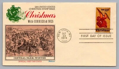 1974 Christmas FDC Central Park Winter The Perussis Altarpiece Red Angel #1550 - Image 1 of 2