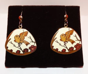 Vintage Karrippe Ohrringe Emaille Vogel weiß, gold & rot mit Blumen - Bild 1 von 6