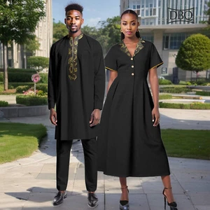 African Couple's Cloth Women A Line Didi Dress Men's Shirt Pants Set for Wedding - Picture 1 of 18