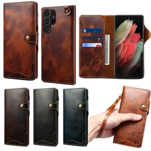 Funda tipo billetera de cuero genuino real con cordón para Samsung Galaxy S25 S24 S23FE S22+ - Imagen 1 de 32
