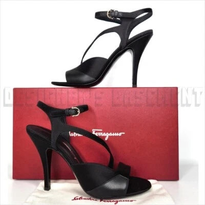 Sandalias de tacón SALVATORE FERRAGAMO de cuero negro y satinado 7,5 OLGA con cordones nuevas en caja Foto 1 de 4