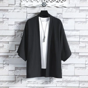 Cardigan uomo etnico kimono cappotto giacca manica 3/4 top retrò cotone lino quotidiano - Foto 1 di 25