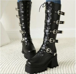 Womens Punk Lace Up Multi Buckles Platform Chunky Heel Knee High Boots Shoes SUN - Picture 1 of 8