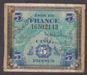 [CIR, WWII Short Snorter] 1944 France 5 Francs P-115a [015-2] - Picture 1 of 2
