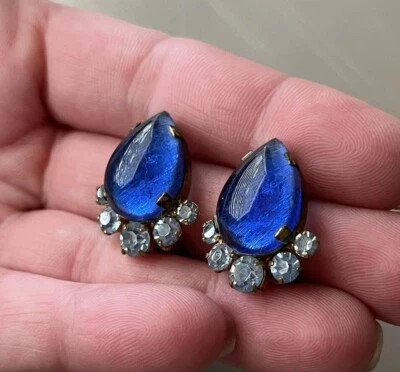 Vintage Austrian Crystal Earrings Blue Rhinestones Cabochon Teardrop - image 1 of 4