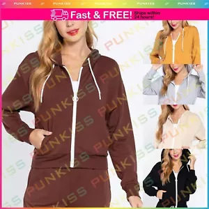 Womens Fleece French Jacket Hoodie Rayon Zip Up Workout Long Sleeve Terry Basics - Picture 1 of 22