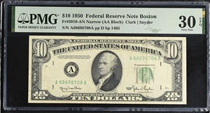 1950 $10 Boston NARROW FRN Fr. 2010-AN - PMG VF 30 EPQ - Super Tough Variety!  - Picture 1 of 2