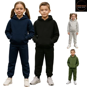 Kids Urban Road Heavy Blend Plain Hoodie Jogger Full Tracksuit for Boys & Girls - Picture 1 of 15