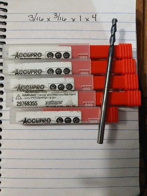 Accupro (5 за 75 долларов США) 3/16 X 3/16 X 1 X 4 дюйма твердосплавное квадратное концевое фрезерное сверло  - Изображение 1 из 2