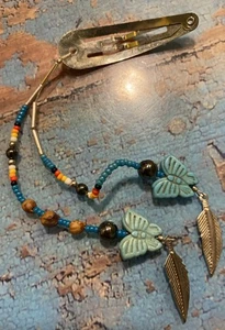 Vintage Navajo Hair Clip Accessory Seed Bead Turquoise Butterflies Hematite - Picture 1 of 5
