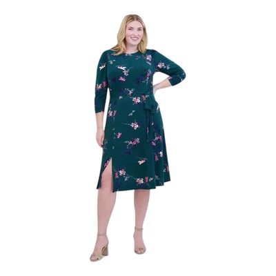 Jessica Howard Plus Size Printed 3/4-Sleeve Belted Dress Green Floral 16W 18W - Image 1 of 3