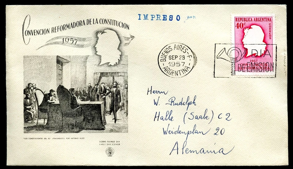 Argentine FDC #1088 CONVENCIÓN REFORMADORA Buenos Aires - Halle EAST GERMANY 195 - Image 1 of 1