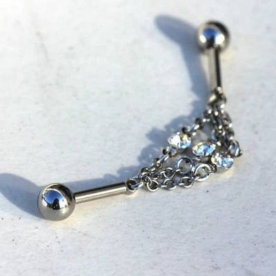 316L Stainless Steel Jeweled Triple Chain Industrial Barbell 1.6mm x 38mm - Image 1 of 3