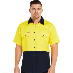 Hard Yakka Core Hi Vis 2 Tone Short Sleeve Lightweight Vented Shirt Yellow Navy - Picture 1 of 4