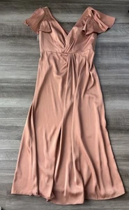 Azazie Soren Stretch Satin Rust Dress Size 14 V-Neck Flutter Sleeve Bridesmaid - Picture 1 of 8