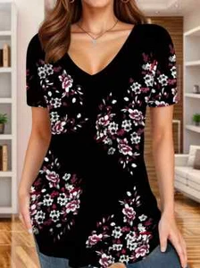 PLUS SIZE 24 26 28 BLACK FLORAL V NECK SOFT TOP BLOUSE T SHIRT TUNIC STRETCHY - Picture 1 of 3