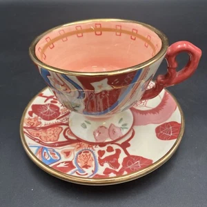 Tracy Porter Pink Abstract Coffee Tea Cup And Saucer Hand Painted Footed Base - Picture 1 of 9