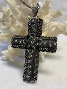 Vintage MEXICO STERLING “ROSETTE CANNETILLE” CROSS PENDANT CHAIN NECKLACE-Navajo - Picture 1 of 7