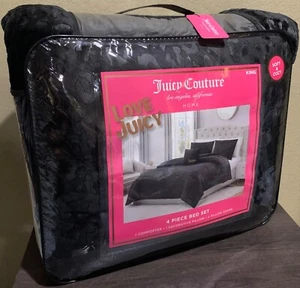 Juicy Couture Black Leopard Embossed Plush 4pc KING Comforter Set Soft & Cozy - Picture 1 of 7