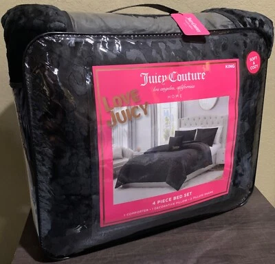 Juicy Couture Black Leopard Embossed Plush 4pc KING Comforter Set Soft & Cozy - Image 1 of 4