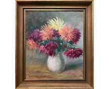 Vintage Still Life Oil Painting Canvas "vase with dahlias" signed Markowicz