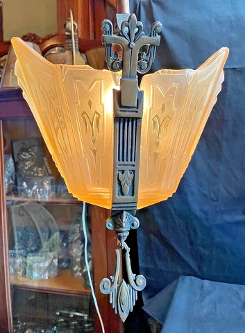 Rare Deco Cast Bronze Markel Slip Shade Fixture /Uranium shades Cover