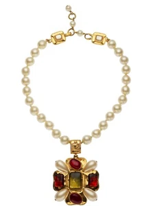 CHANEL Necklace Cross Pendant Pearl Gripoix Goossens 1997 Fall Vintage Maltese g - Picture 1 of 17