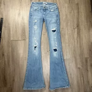 Hollister Women's Low Rise Flare Jeans 1R 28x34 Light Wash Patched Distressed - Picture 1 of 14