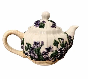 Violets Ceramic Teapot by Flowers Inc. Balloons 6”x8.5” Handpainted White Floral - Picture 1 of 7