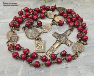 Seven Sorrows Seven Dolores Pieta Red Jade Vintage Bronze Chaplet - Picture 1 of 6
