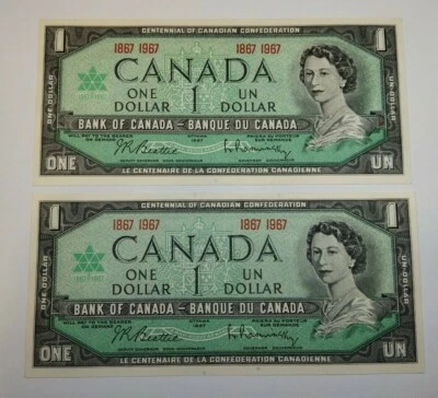 Lot 2 pieces Canada $1 Note 1967 Centennial Commemorative One Dollar - Image 1 of 3