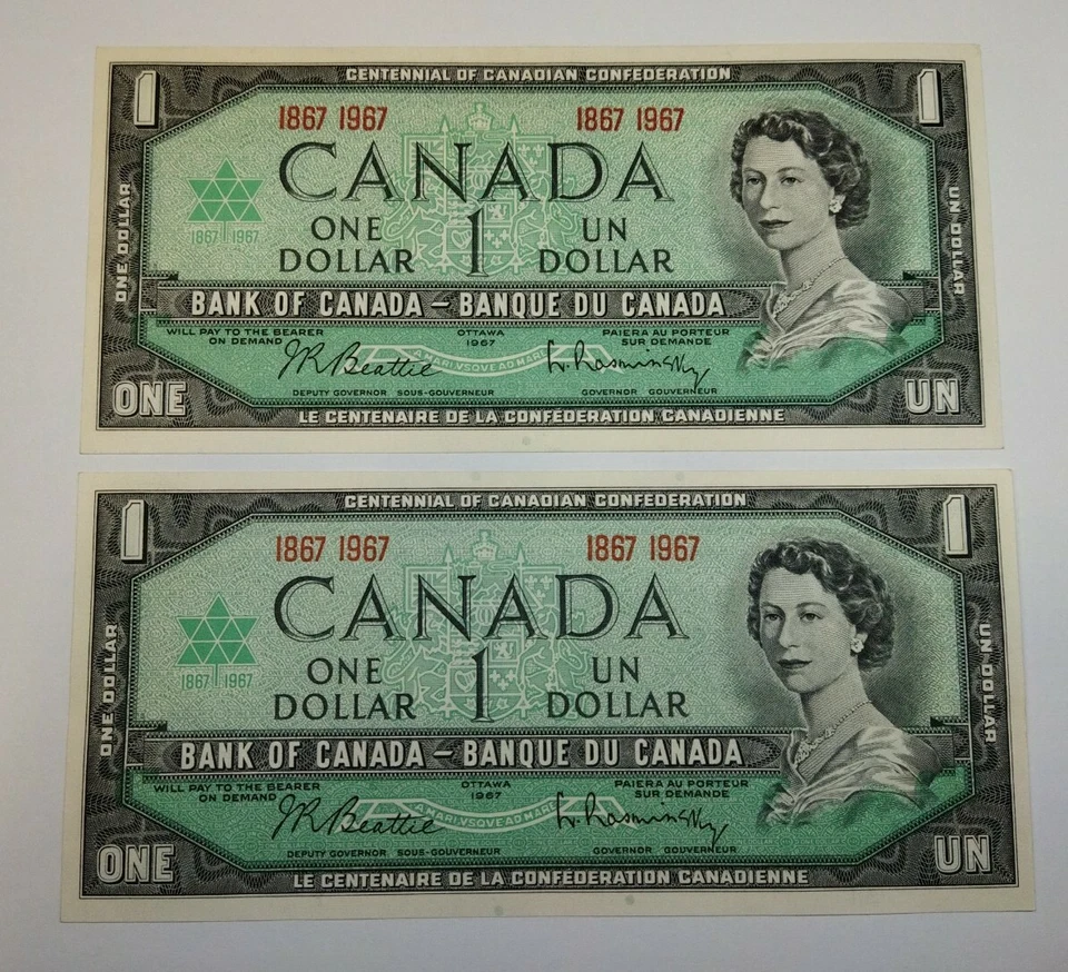 Lot 2 pieces Canada $1 Note 1967 Centennial Commemorative One Dollar - Image 1 of 3