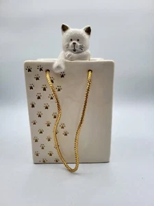 Cream Ceramic Gift Bag With Cat Succulent Planter Candy Jar  Gold Paw Prints - Picture 1 of 5