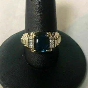 2Ct Emerald Cut Lab-Created Blue Sapphire Men's Ring Unique 14K Yellow Gold Over - Picture 1 of 6