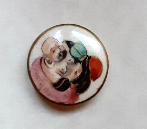 Antique VTG Painted SATSUMA Ceramic Button-God or Wrestler 15/16" Medium Cover