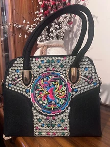 Bolso de mano genuino bordado vintage tribal BOHO negro - Imagen 1 de 5