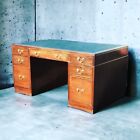 Mahogany Pedestal Desk, Brass Handles, New Green Top. LARGE IN SIZE